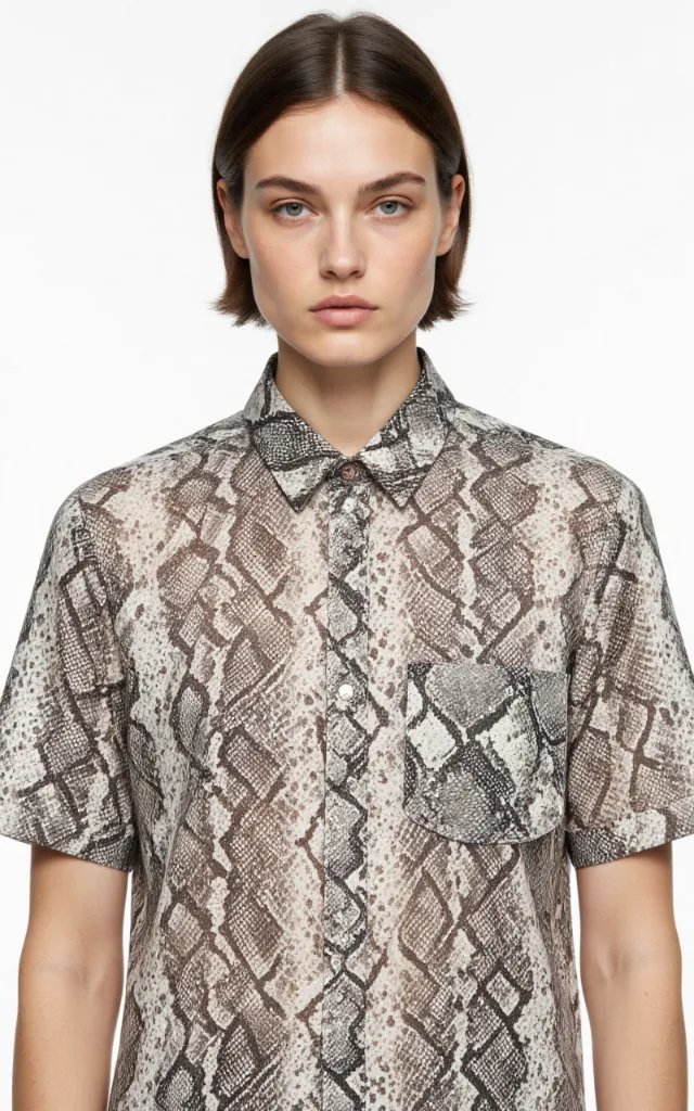 A French model wearing a Snake   skin pattern   printed shirt, against a white background, in a front   facing bust portrait